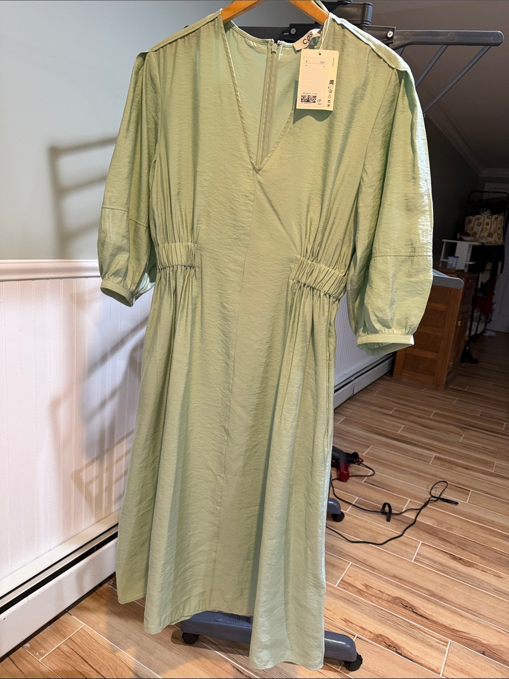 COS Sage Green Midi Dress with Gathered Waist
